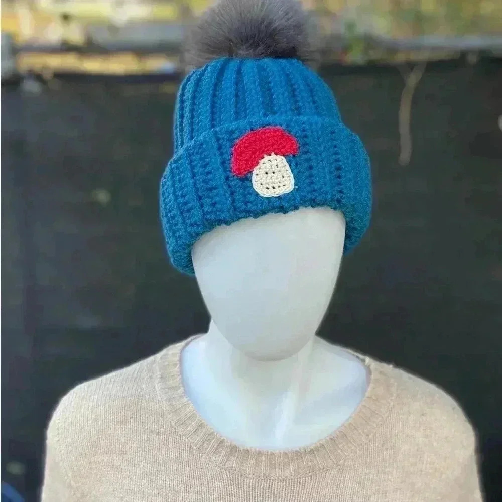 Chunky‎ Oversized Cuffed Fall Winter Beanie Faux Fur PomPom - Mushroom Decal